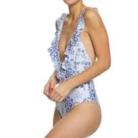 Somedays Lovin Sapphire Pools One Piece Swimsuit Small Deep V Ruffles - Picture 4 of 16